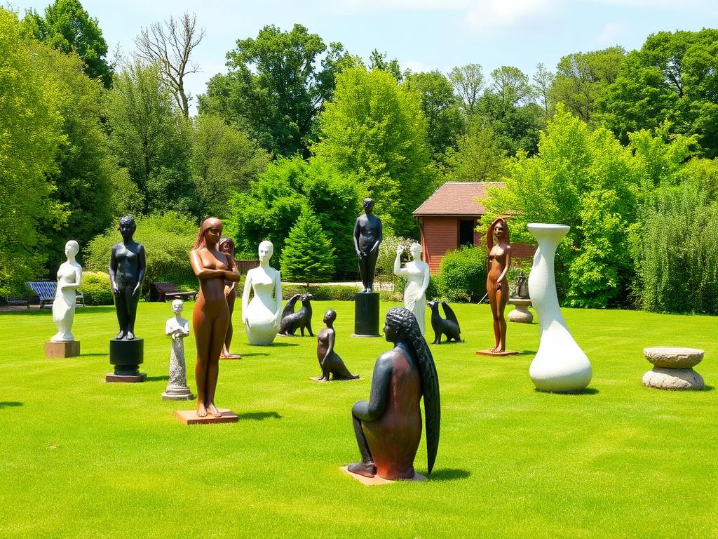 Beeldentuin met sculpturen op een groen grasveld bij Artfarm