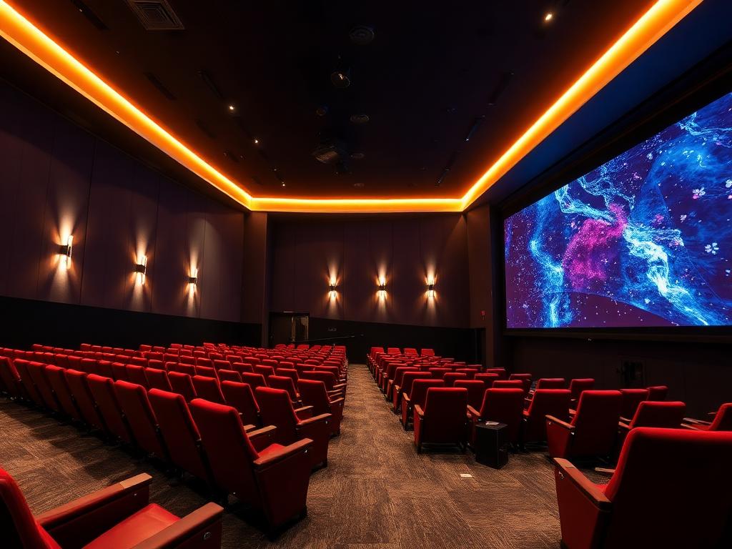 Moderne bioscoopzaal met rode stoelen en groot scherm