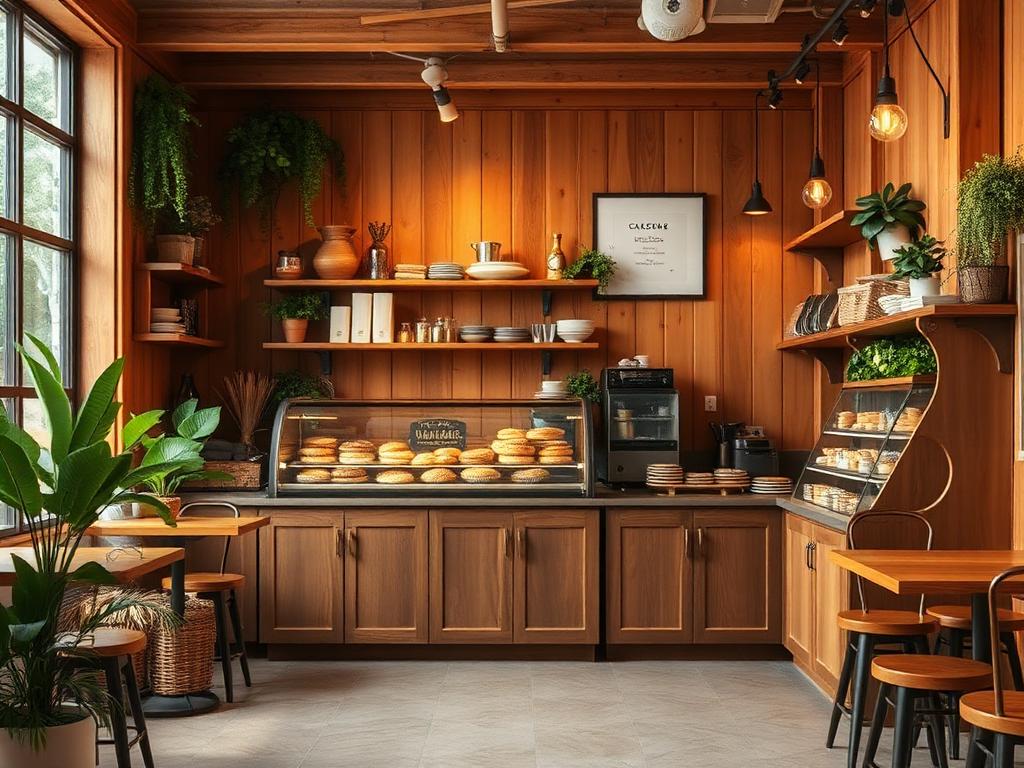 Sfeervol koffiezaakje met houten interieur en vers gebak in vitrine