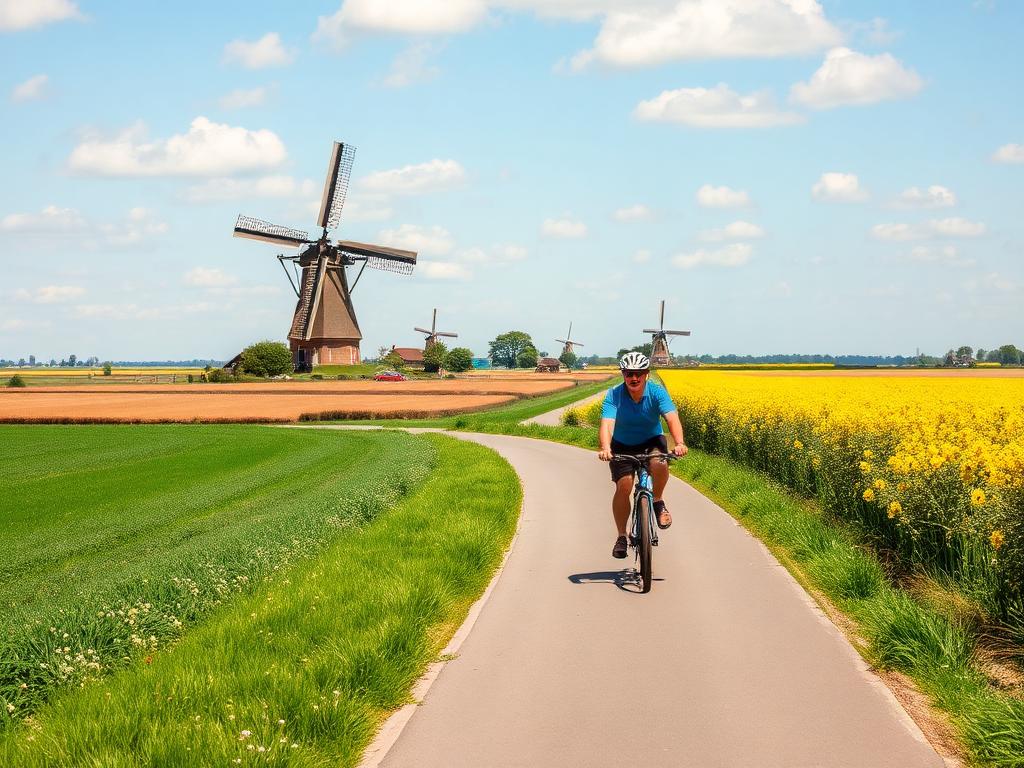 Fietser op een polderpad met windmolens op de achtergrond