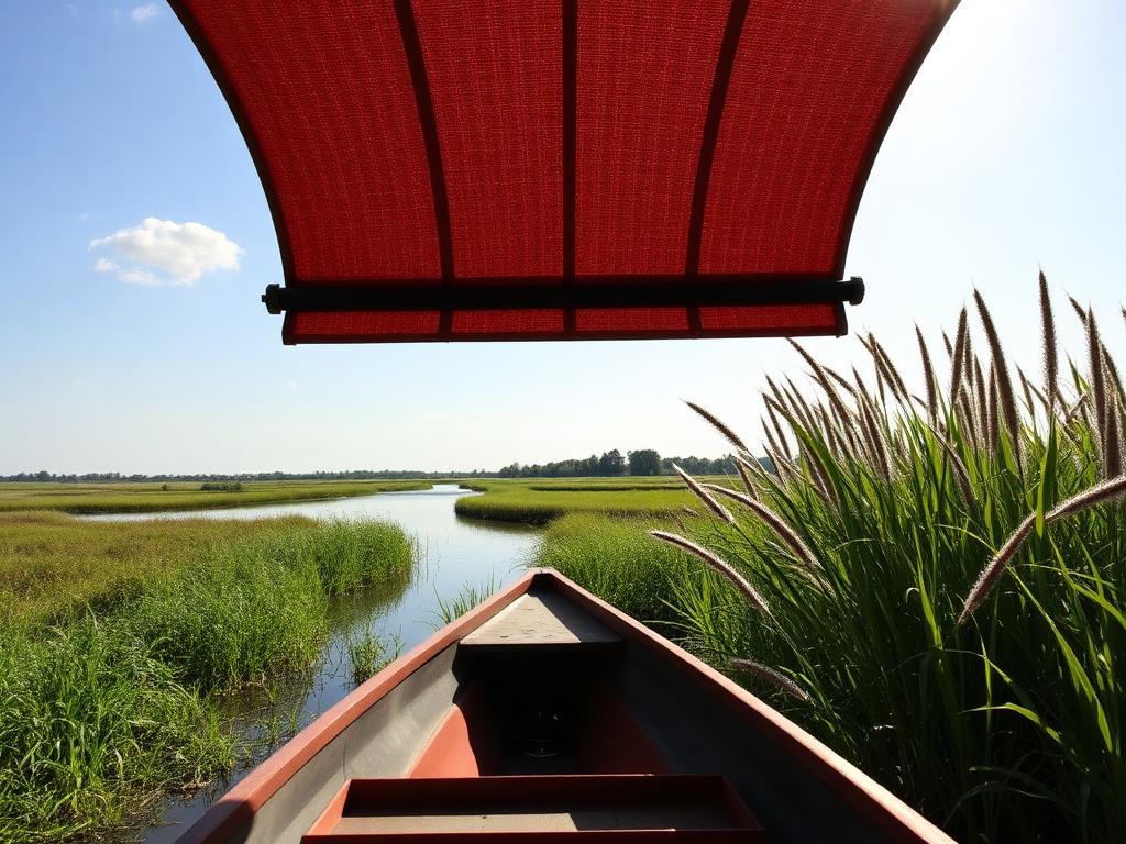 Rondvaartboot tussen kleine groene tuinbouw-eilandjes in het Oosterdel