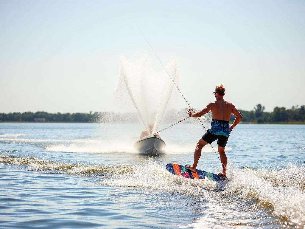 Wakeboarder achter een kabelbaan op de plas bij Strand van Luna