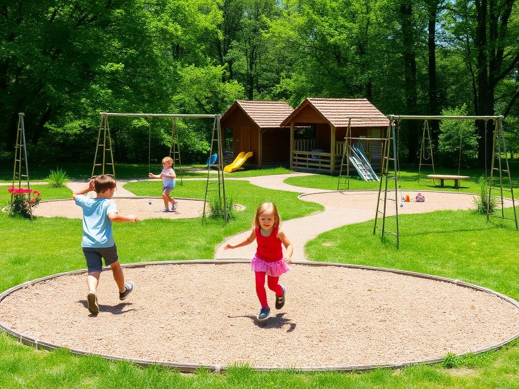 Avontuurlijke houten speeltuin in een groen recreatiegebied