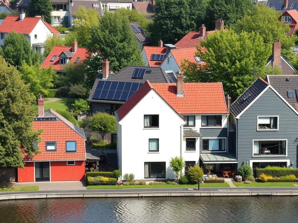 Moderne duurzame woonwijk Stad van de Zon met water en zonnepanelen