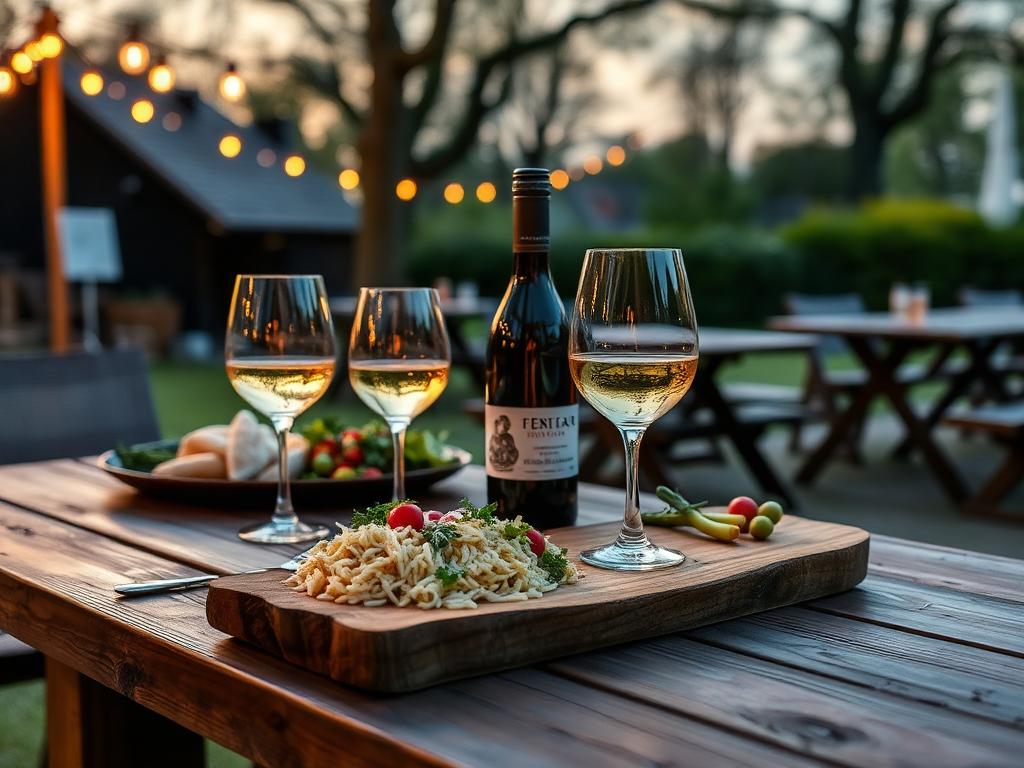 Wijnglazen en gerecht op een houten tafel bij een Hollandse wijngaard